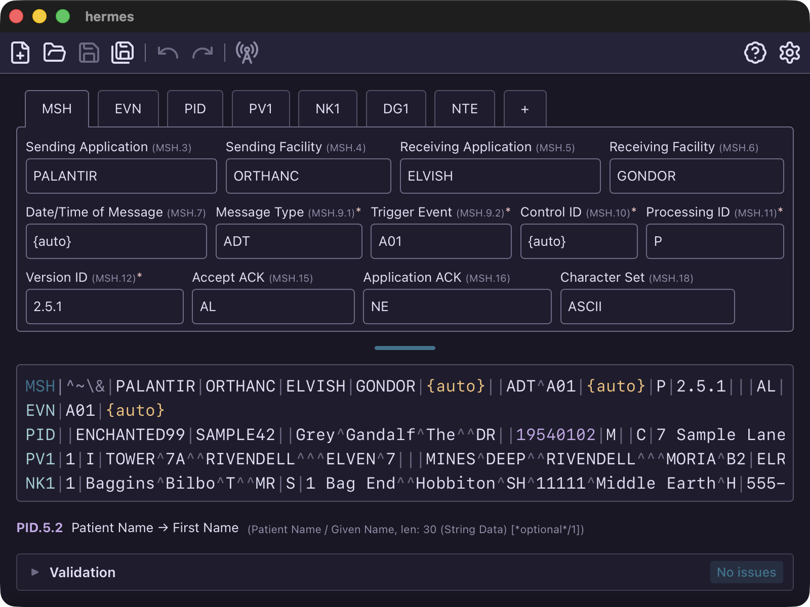 screenshot of Hermes editing an HL7 message